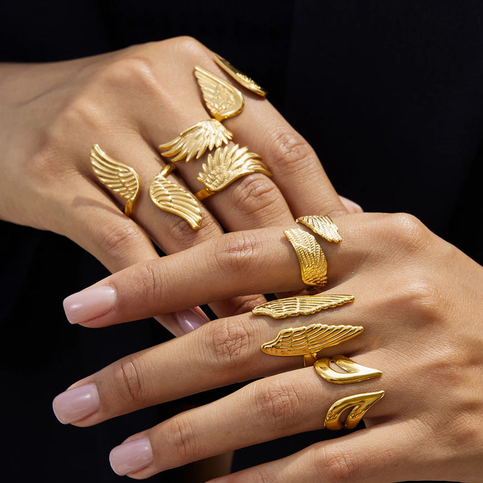 Uworld Minimalist Designer 18K Gold Color Plated Angel Wings Open Rings Trendy Waterproof Stainless Steel Jewelry кольцо женское