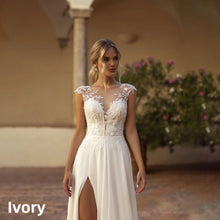 A Line Wedding Dress Cap Sleeve Sheer V Neck Leaf Lace Chiffon Side Split Pearl Button Back Sweep Train Custom Bridal Dress