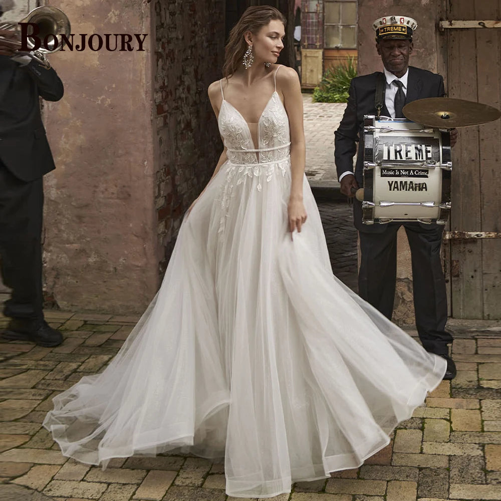 BONJOURY Simple V-neckline Wedding Dress for Woman Bride Satin Pockets Chapel Train Button Vestido De Casamento Drop Shipping