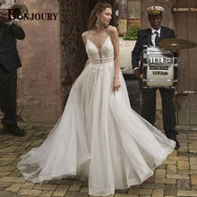BONJOURY Simple V-neckline Wedding Dress for Woman Bride Satin Pockets Chapel Train Button Vestido De Casamento Drop Shipping