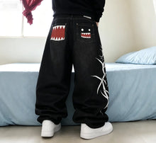 Y2k Wash Dark Baggy Jeans Men Shark Mouth Pocket Print White Tribal Flame Side Graphic Wide Leg Harajuku Hip Hop Denim Trousers