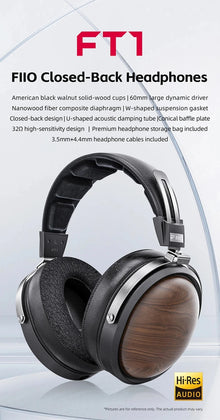FiiO FT1 Closed-Back Over-Ear Headphone 60mm Dynamic Driver Hi-Res Audio Wired HiFi American Black Wood Ear Cups for Studio
