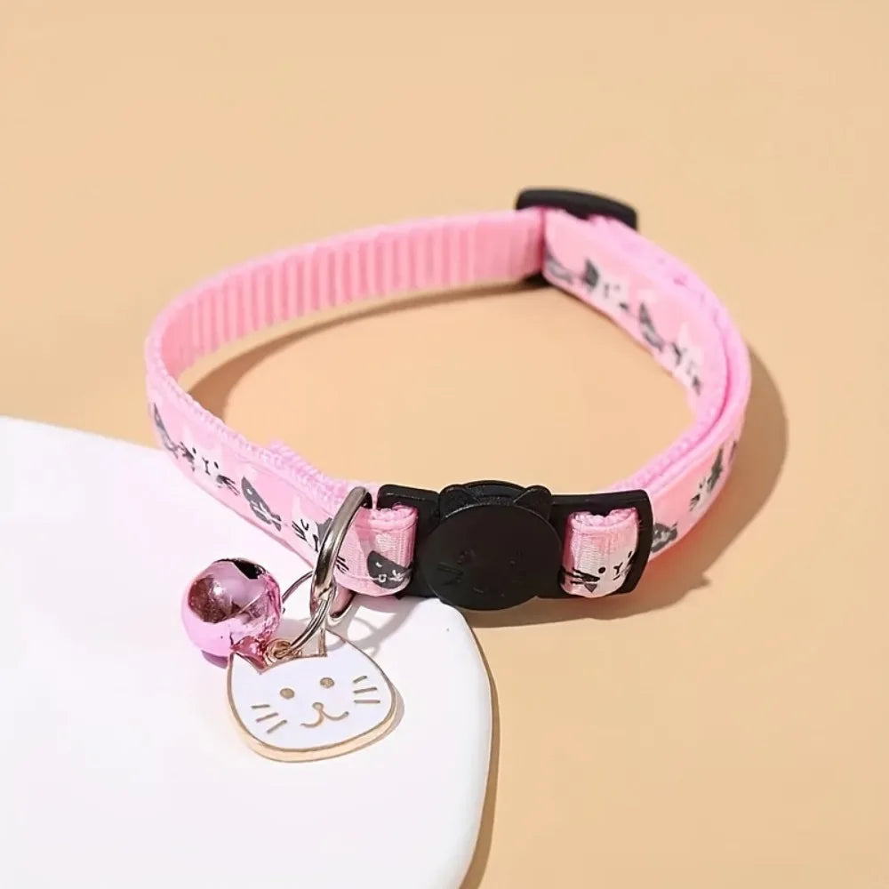 Adjustable Pet Cat Collar Quick Release Safety Buckle Anti-lost Cat Necklace Cat Pattern with Cat Face Pendant Bell