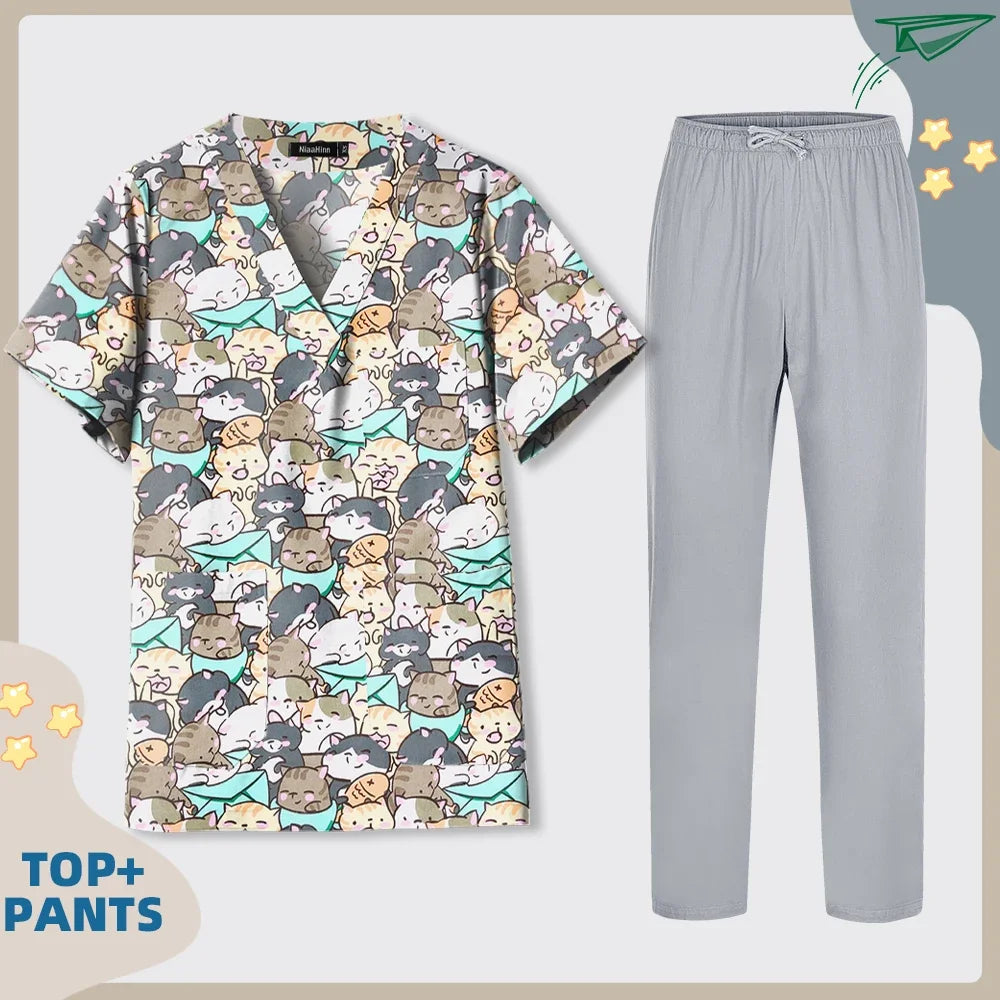 Print Dogs/Cats/Rabbit Scrub Tops Women Men Medical Scrub Shirts Pet Shop Vet Workwear Doctor Nurse Uniform Dentist Overalls Cap