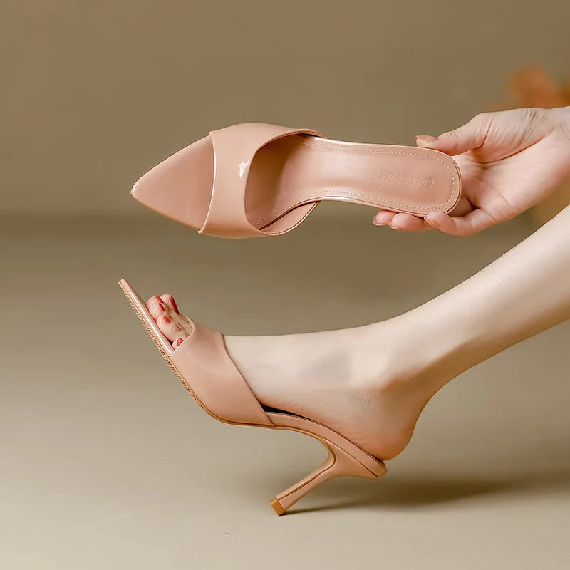 Women's Slippers 2026 New Summer Slim Heel Pointed Toe Worn with A Straight Drag Patent Leather High-heeled Slippers for Womens