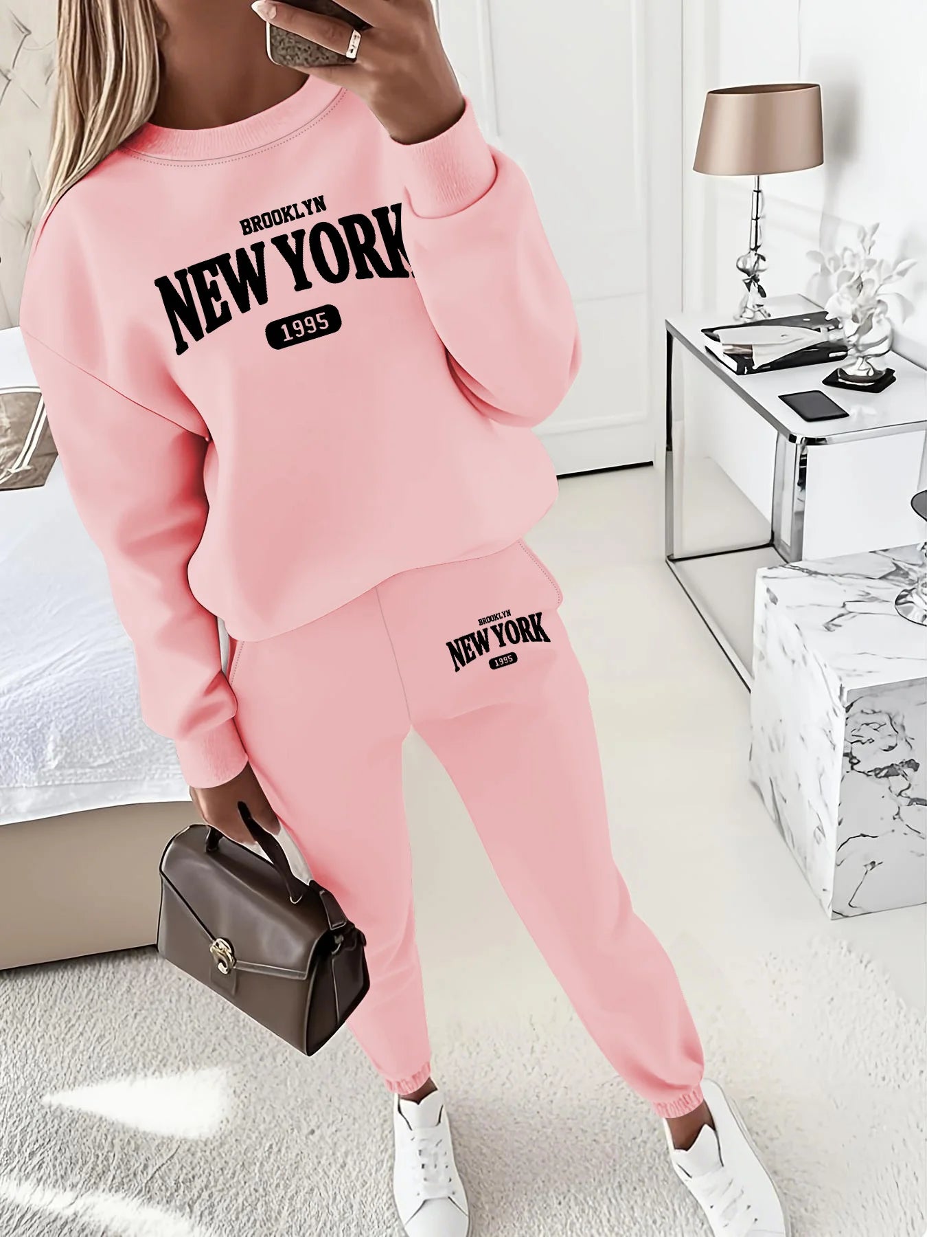 New York Print Two piece Set Casual Kangaroo Women's Casual Fashion Round Neck Sweatshirt, Solid Color Long Sleeves Sweatshirt,