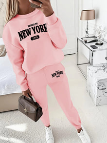 New York Print Two piece Set Casual Kangaroo Women's Casual Fashion Round Neck Sweatshirt, Solid Color Long Sleeves Sweatshirt,