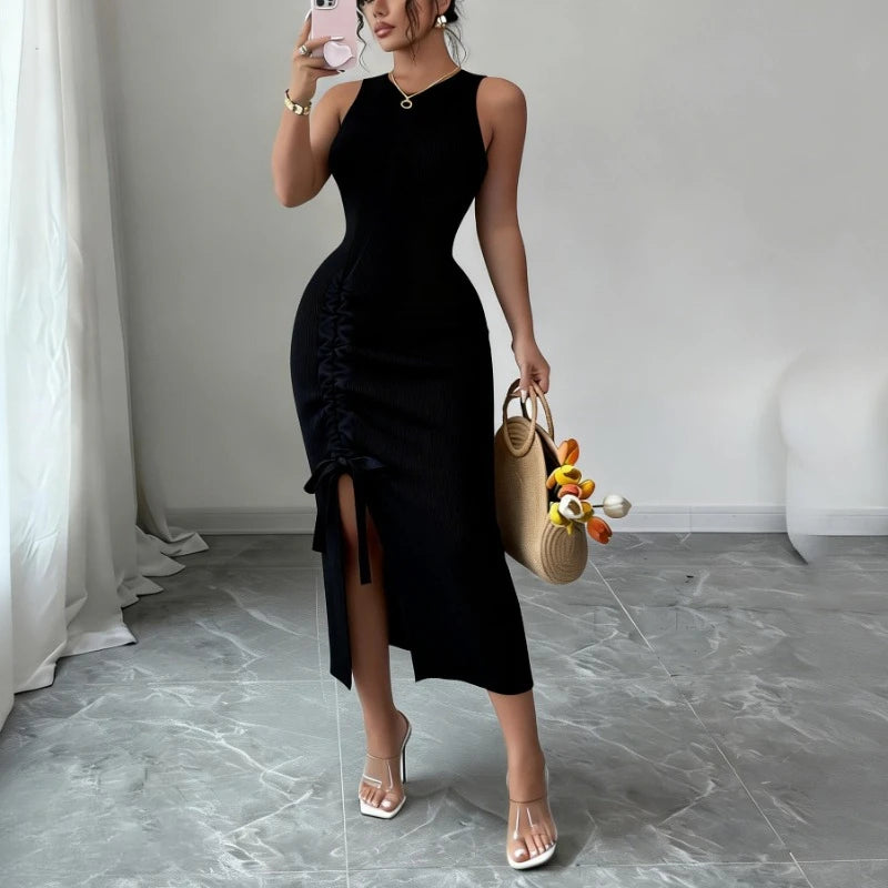 Women's Blue Sleeveless Crew Neck Ruched Side Sundress Stretchy Ribbed Knit Bodycon Midi Dress Slit Summer Daily Party Dress
