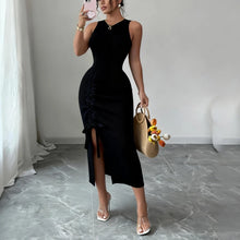 Women's Blue Sleeveless Crew Neck Ruched Side Sundress Stretchy Ribbed Knit Bodycon Midi Dress Slit Summer Daily Party Dress