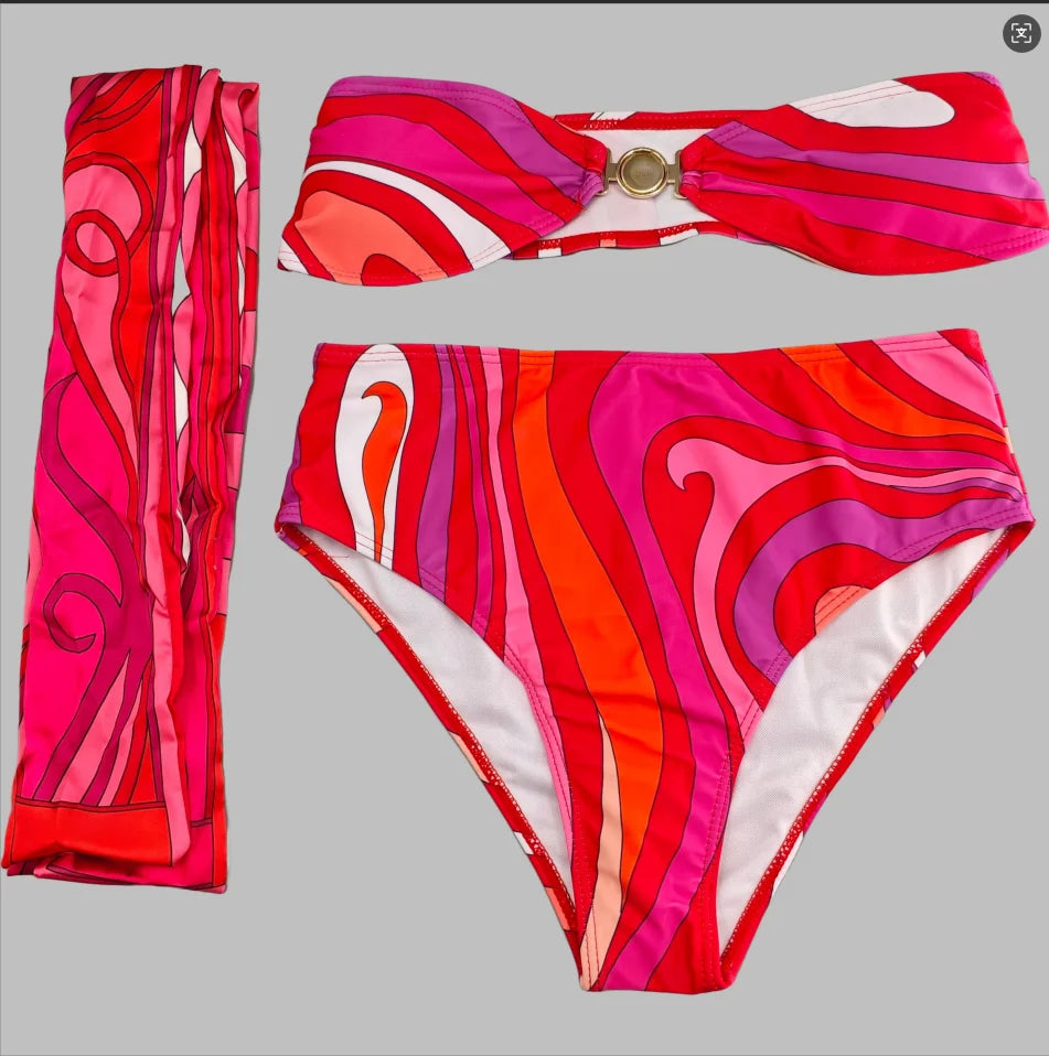 2026 Fashion Design Women's Red Scarf Sling Swimsuits Classic Brand Lady Scarf Bikini Sets with Letter Signature Logo