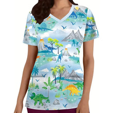 Clinical Uniform Woman Dinosaur Cartoon Print Vet Scrubs Woman Tops V-Neck Short Sleeve with Micro Stretch Nurse Uniform Woman
