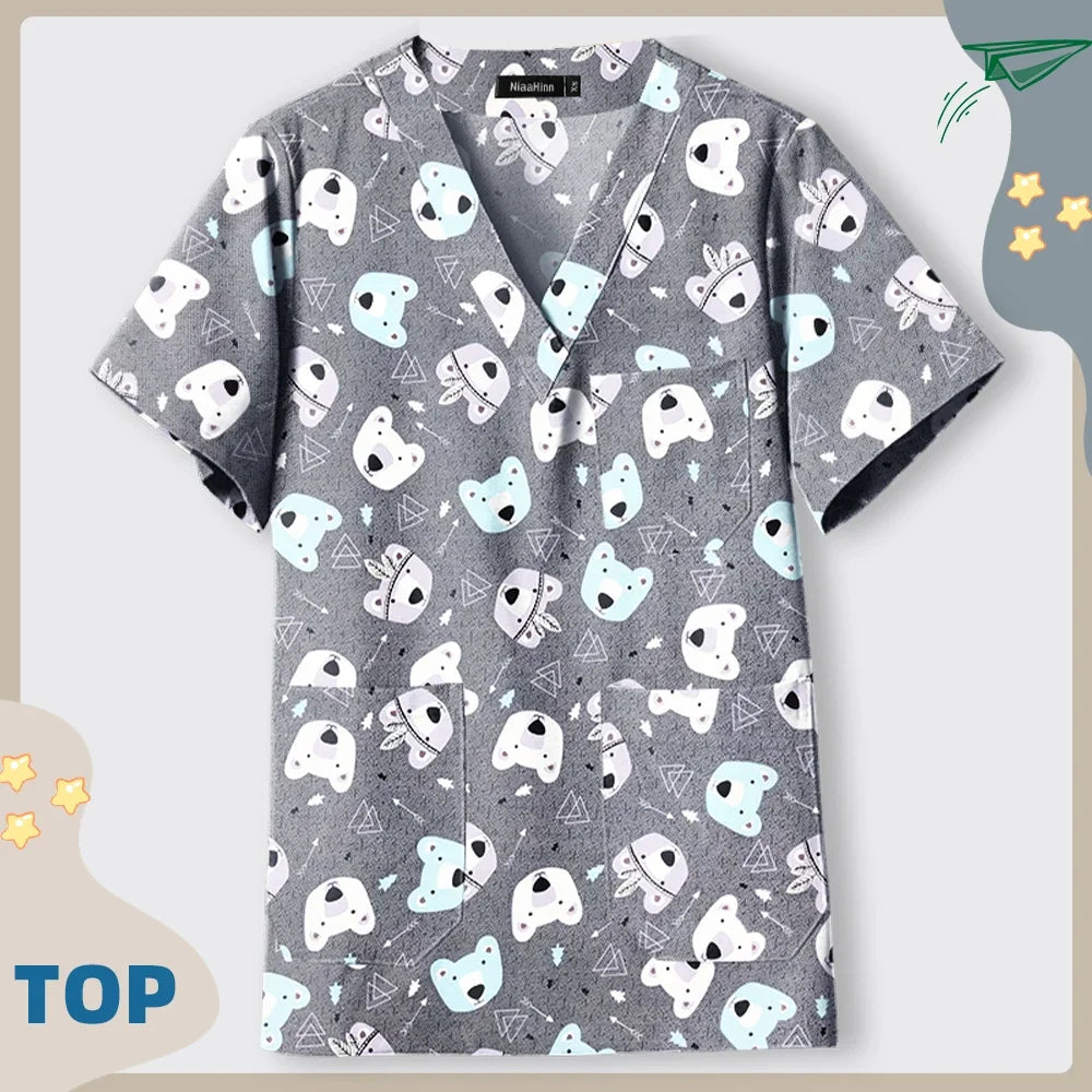 Print Dogs/Cats/Rabbit Scrub Tops Women Men Medical Scrub Shirts Pet Shop Vet Workwear Doctor Nurse Uniform Dentist Overalls Cap