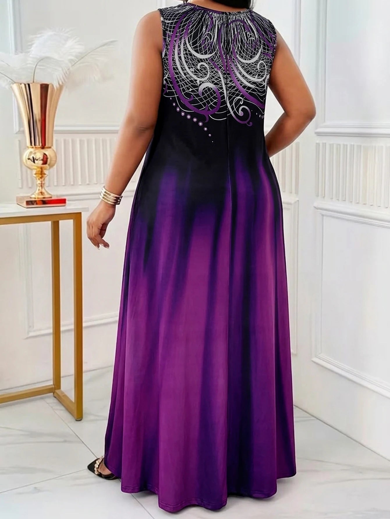Plus Size Teal Blue Gradient Print Maxi Dress Summer Casual Round Neck Sleeveless Loose Long Sundress With Pocket