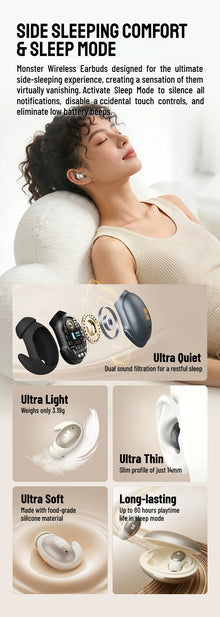 Monster Passive Noise Canceling Sleep Earphone Bluetooth 6.0 Sleep Earbuds for Side Sleepers Hifi Stereo TWS Wireless Headphone