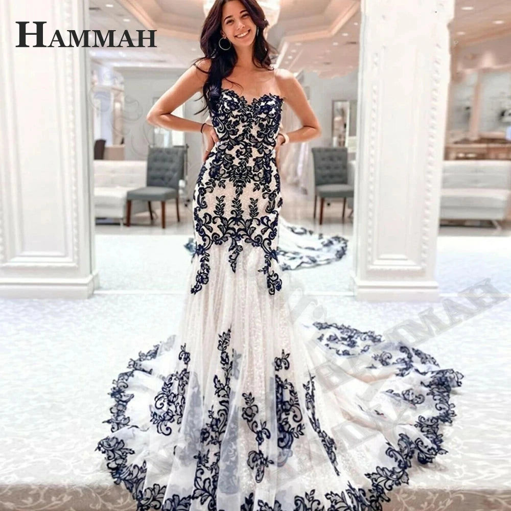 HAMMAH Elegant V Neck Wedding Dresses Mermaid Appliques Lace Spaghetti Strap Satin Court Train Robe De Mariee Customized