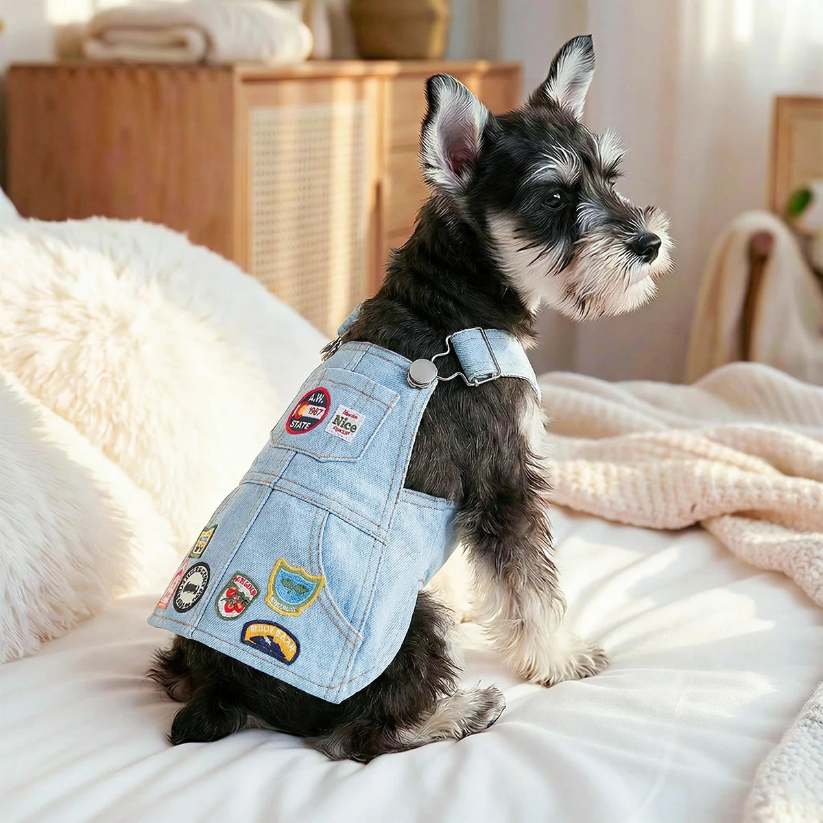Pet Cat and Dog Clothes Retro Badge Denim Skirt Handsome Summer Outing Short Skirt Suitable for Small
