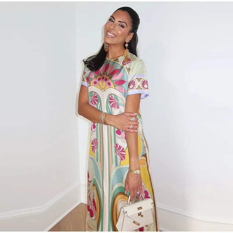 Women Printed V Neck Long Dress Flared Sleeve Lotus Leaf Edge High Waist Slim Fit Maxi Dresses Lady Elegant Evening Party Dress