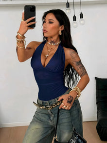Women Halter Deep V Neck Side Ruched Slim High Cut Bodysuit 2026 Summer Y2K Streetwear Sleeveless Tank Top