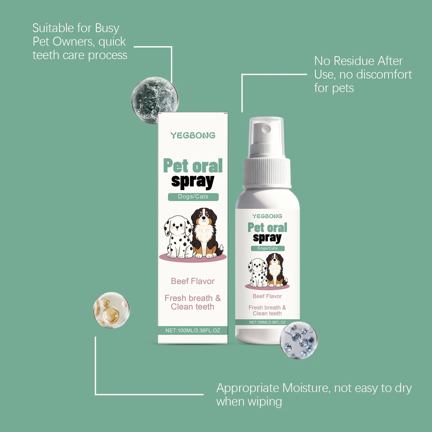 Pet Oral Spray for Dogs Cats Fresh Breath Clean Teeth Remove Plaque Tartar No Rinsing Bad Smell Mouth Harmless Healthy Care