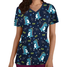 Clinical Uniform Woman Dinosaur Cartoon Print Vet Scrubs Woman Tops V-Neck Short Sleeve with Micro Stretch Nurse Uniform Woman