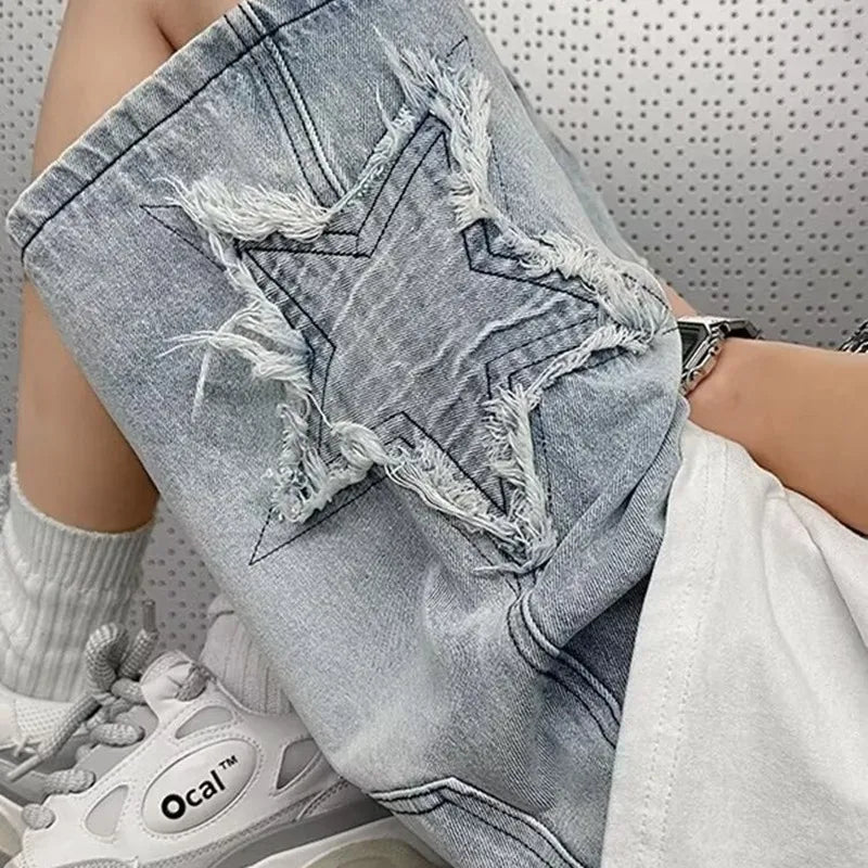 Star Patchwork Yellow Clay Color Jeans Summer Men Denim Shorts Trendy Streetwear Five-point Pants Straight Jeans Shorts