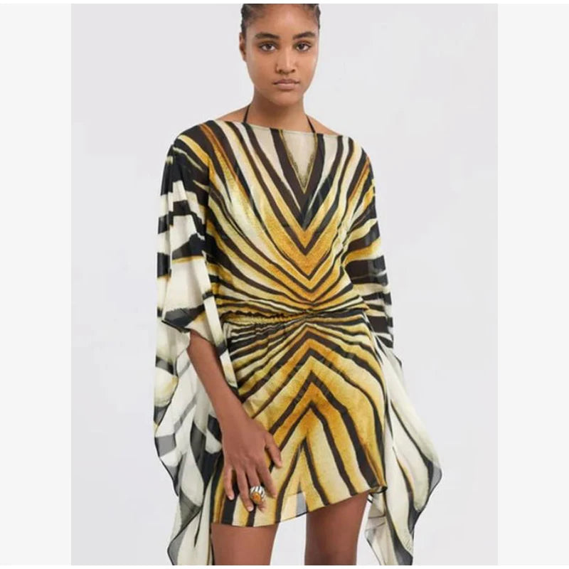 Holiday Loose Striped Mini Dress Women Round Neck Batwing Sleeve Lace Up Chic Dresses Female 2026 Summer Vacation Beach Robes