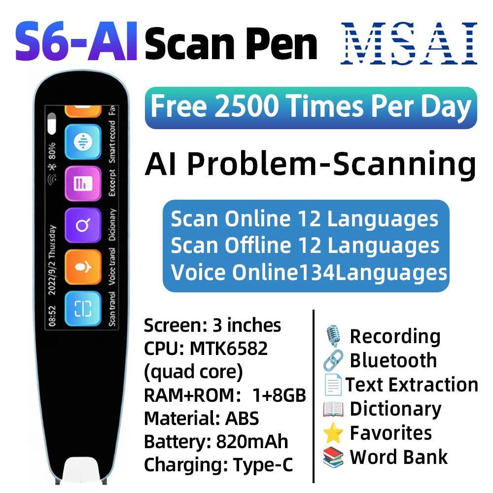MSAI S6-AI Free AI Scan Translator Pen 12 Languages Scan to Text 134 Online Voice Translation Vocabulary Library for Student