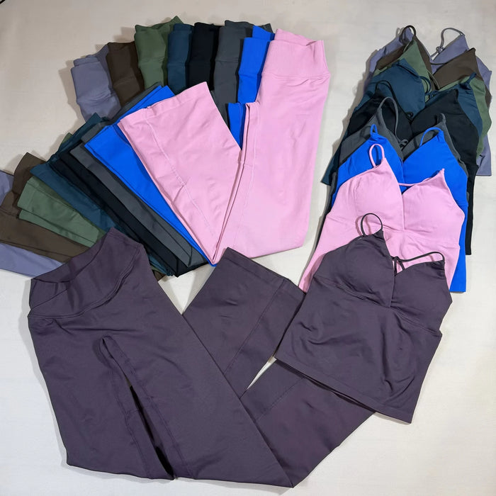 Yoga Twist V Crossover  Set High Waist Seamless Top Vision Flares Bootcut Leggings No Front Seam Flare Pants  Pilates Workout