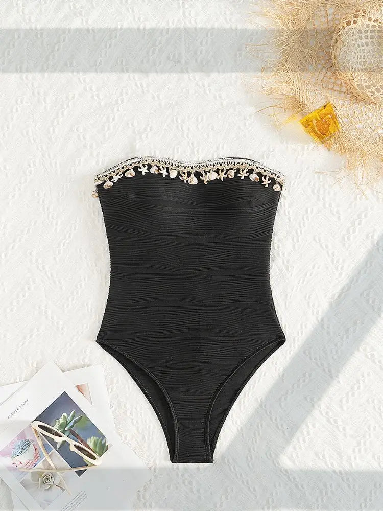 Cikini Sexy One-Piece Swimsuit Solid Color Textured Seashell Starfish Pendant Detachable Strapless Halter Backless Hollow Out