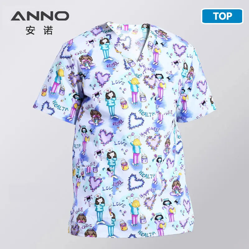 ANNO Hospital Staff Scrubs Top Medical Sanitary Nursing Uniform Dental Clinic Print Beauty Caregiver Coveralls