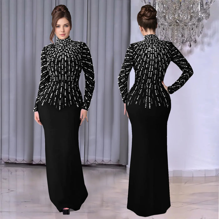 Robe longue moulante en diamant et perles pour femme, élégante, col rond, manches longues, scintillante, de soirée, noire