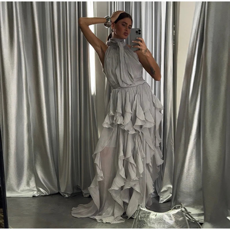 Sexy Cascading Ruffle Pleated Women Long Dress Fashion Lace Up Sleeveless Empire Female Dresses 2026 Spring Summer Lady Robe