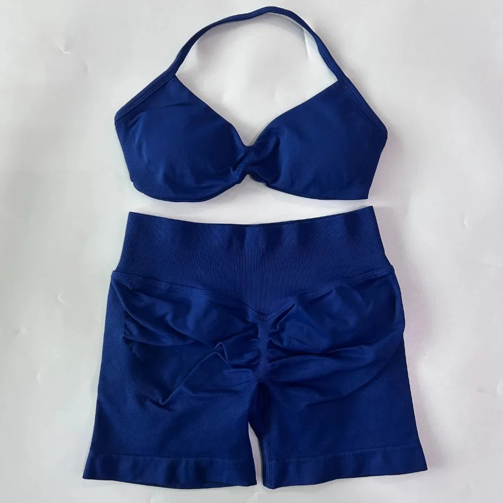 NO Logo Gym impact shorts set Strap Top Women's Long Line Strap Vest Pads Yoga Clothes Fitness Exercise Running Sports Clothes