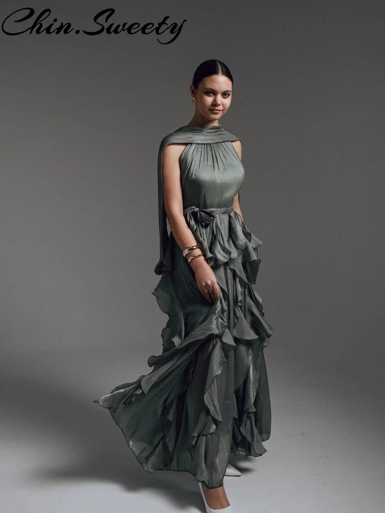 Sexy Cascading Ruffle Pleated Women Long Dress Fashion Lace Up Sleeveless Empire Female Dresses 2026 Spring Summer Lady Robe