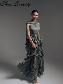 Sexy Cascading Ruffle Pleated Women Long Dress Fashion Lace Up Sleeveless Empire Female Dresses 2026 Spring Summer Lady Robe