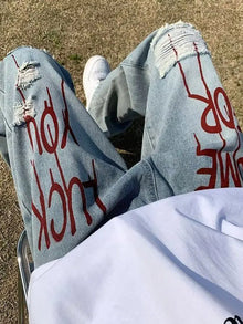 Y2k Streetwear Printed Ripped Hole Jeans Men Wide Leg Denim Baggy Pants Vintage Casual Jeans Straight Trousers