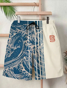 2025 Summer New 3D Japanese Wave Print Men's Street Hip-Hop Casual Shorts Men's Summer Swim Shorts Drawstring Casual Shorts