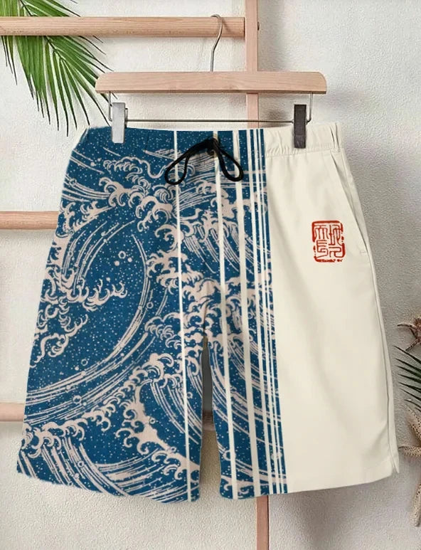 2025 Summer New 3D Japanese Wave Print Men's Street Hip-Hop Casual Shorts Men's Summer Swim Shorts Drawstring Casual Shorts