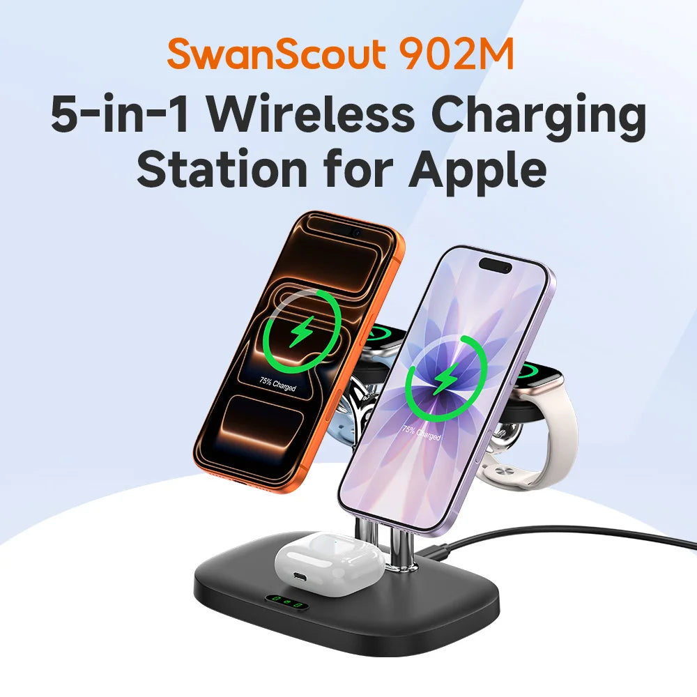 SwanScout 902M Magnetic 5-in-1 Wireless Charger for Dual Phone for iPhone 17 16 Dual Watch Charger for Apple Watch SE3 11 Ultra
