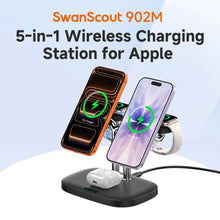 SwanScout 902M Magnetic 5-in-1 Wireless Charger for Dual Phone for iPhone 17 16 Dual Watch Charger for Apple Watch SE3 11 Ultra