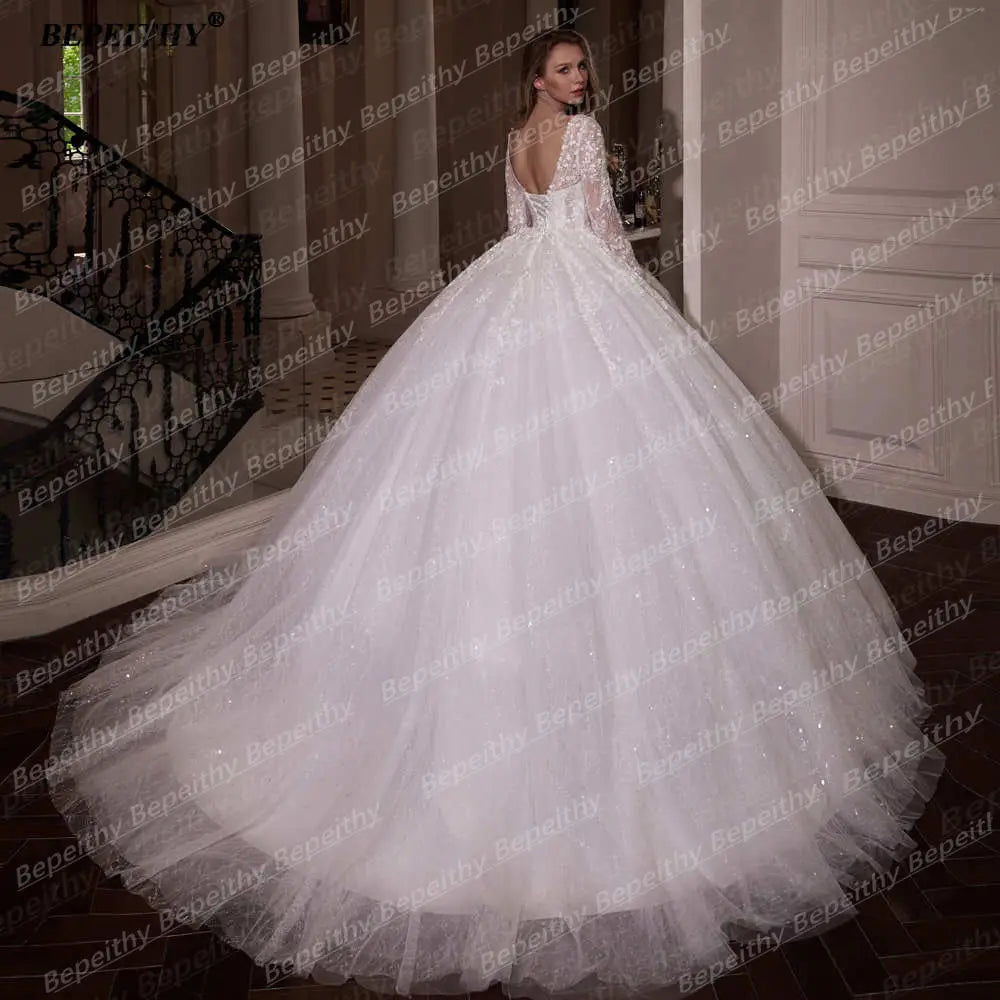 BEPEITHY Customized Princess Glitter Ivory Wedding Dresses Women Full Sleeves Lace Ball Bridal Gown Court Train 2026 Sweetheart