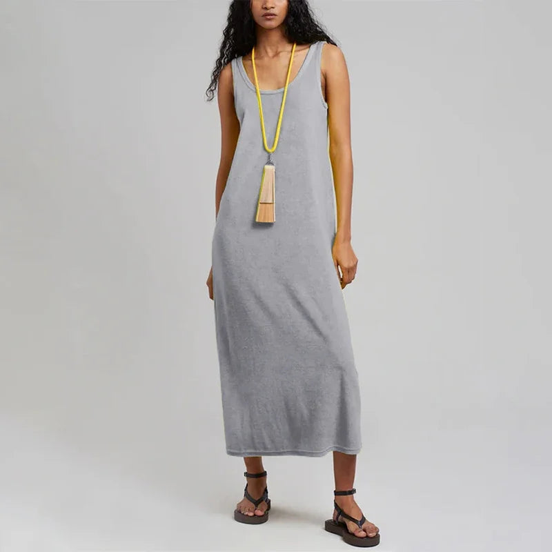 Fashion Chic Elegant Summer Dresses Woman Terry Cloth Casual O-Neck Sleeveless Basic Long Maxi Dresses Vestidos De Mujer