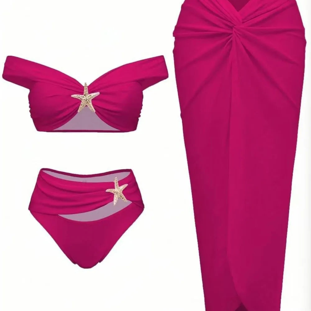 Women's Sexy Bikini Set Beachwear Metallic Starfish Bikini Folds Long Skirts Three Piece Sets Hot Girl Vacation Style Swimsuit