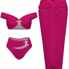 Women's Sexy Bikini Set Beachwear Metallic Starfish Bikini Folds Long Skirts Three Piece Sets Hot Girl Vacation Style Swimsuit