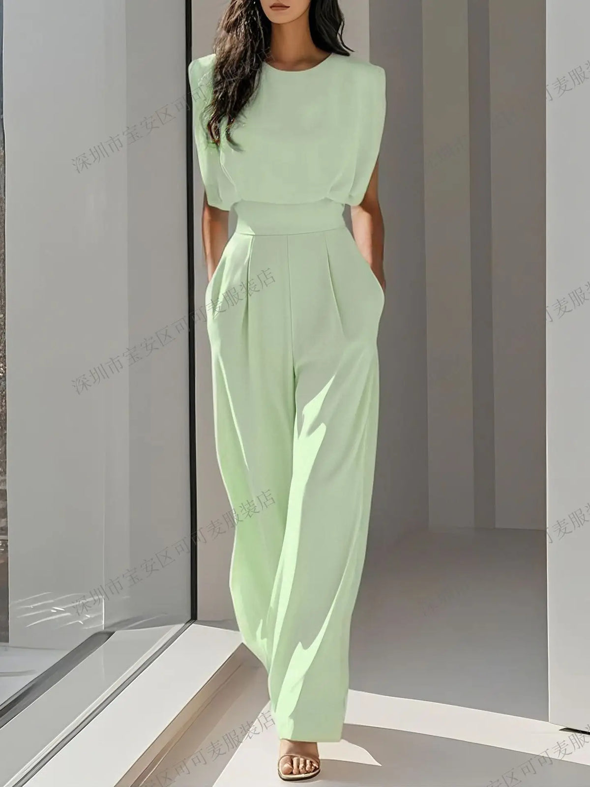 Combinaison élégante à taille haute, nouvelle mode féminine, style reine, couleur unie, avec ceinture et poches, tenue de bureau.