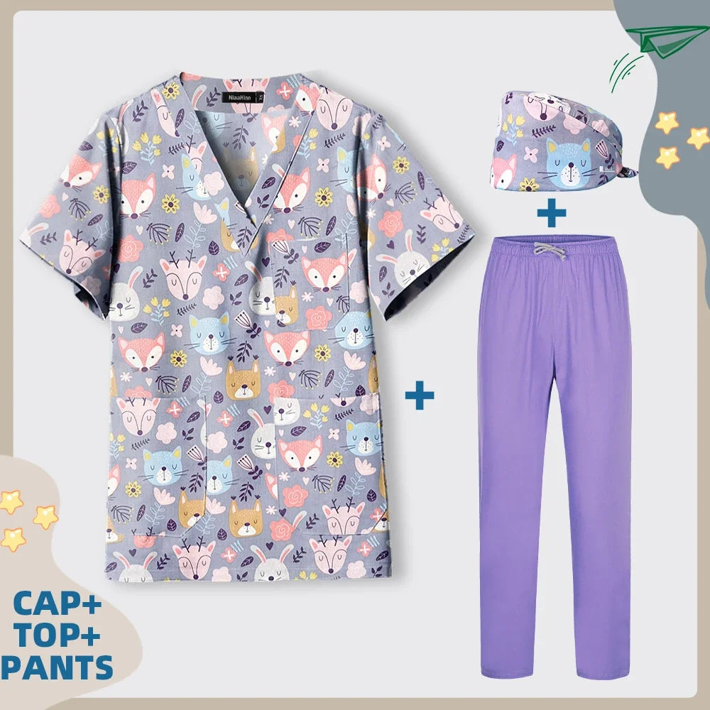 Print Dogs/Cats/Rabbit Scrub Tops Women Men Medical Scrub Shirts Pet Shop Vet Workwear Doctor Nurse Uniform Dentist Overalls Cap