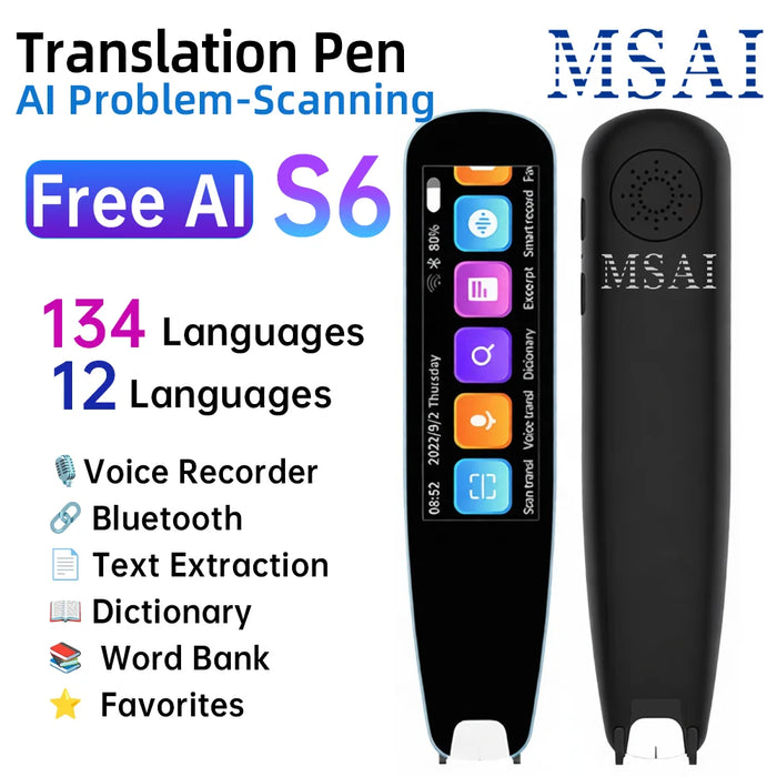 MSAI S6-AI Free AI Scan Translator Pen 12 Languages Scan to Text 134 Online Voice Translation Vocabulary Library for Student