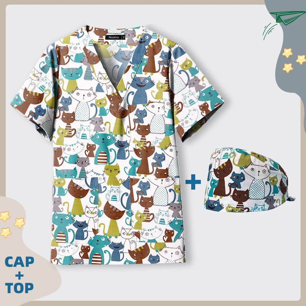 Print Dogs/Cats/Rabbit Scrub Tops Women Men Medical Scrub Shirts Pet Shop Vet Workwear Doctor Nurse Uniform Dentist Overalls Cap