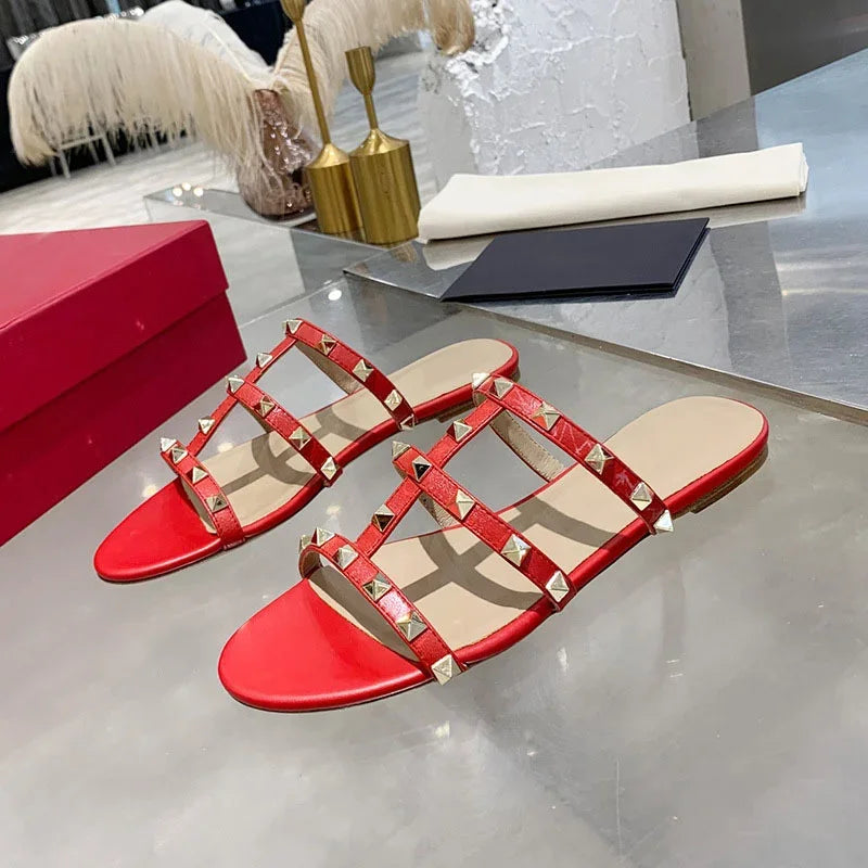 Women Soft Leather Stud Flat Shoes Open Toe Summer Black White Brown Slippers Seam Retro Leisure Slides EU34-43 Big Gold Rivets