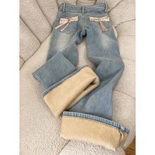 Y2K Fleece Flare Jeans Women Harajuku Streetwear Lace Bow Denim Pants Winter Fashion Sweet Cute High Waist Slim Design Trousers